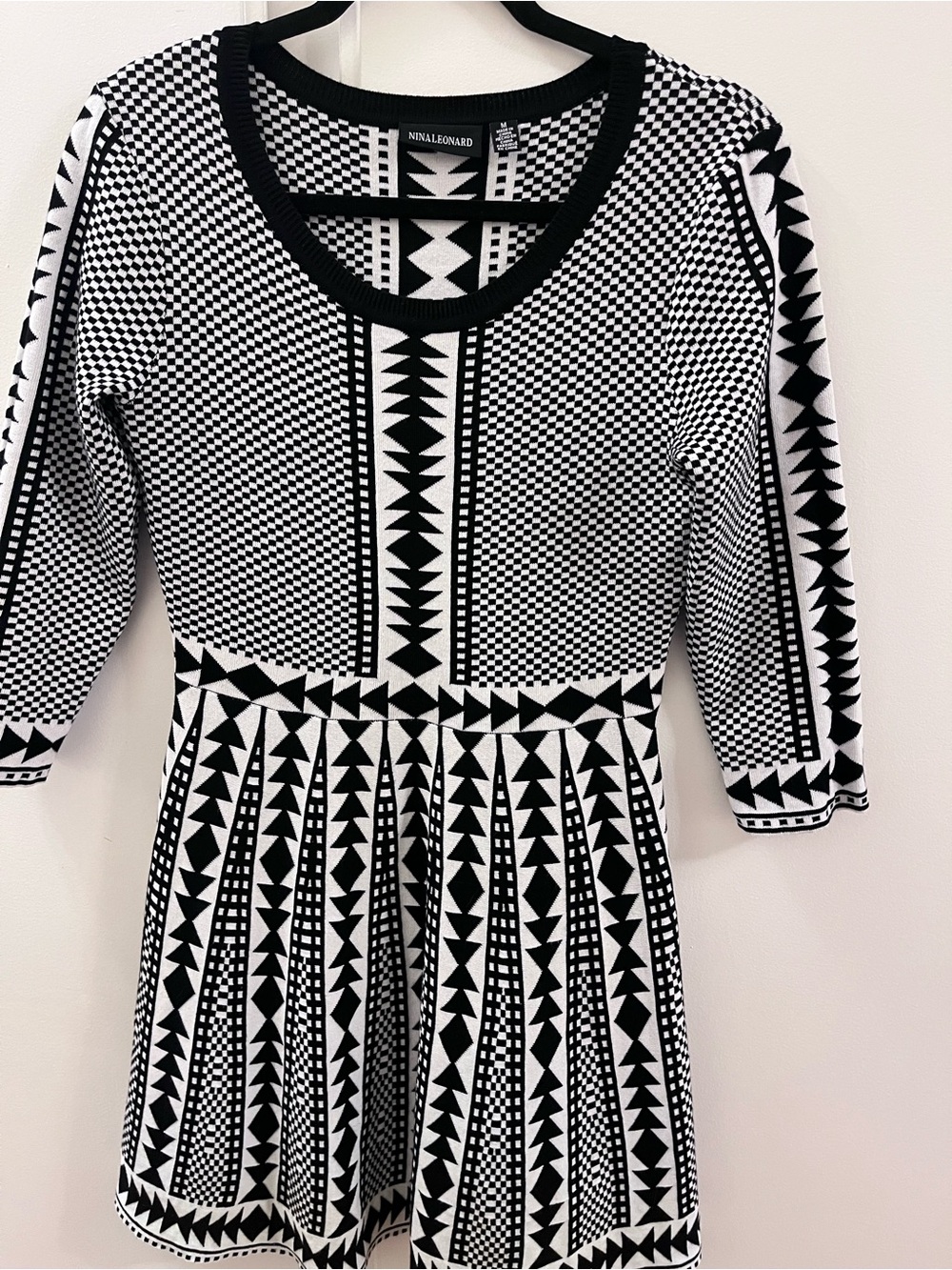 Nina Leonard Black & White Geometric Fit-and-Flare Dress - Size M